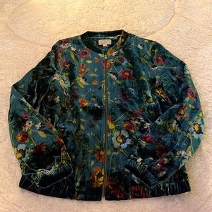 LOFT Teal Floral Velvet Bomber Jacket